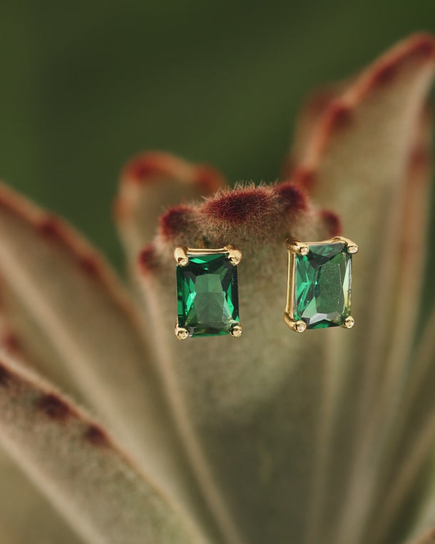 Video of ENVYONE 18K Gold Plated emerald gemstone stud earrings styled on a natural green plant, showcasing the rectangular stones and polished gold finish.