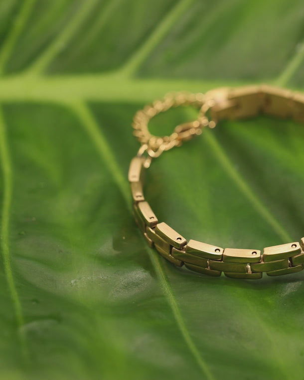 Closeup video of an ENVYONE 18K Gold-Plated interlocking link bracelet displayed on a green tropical leaf.