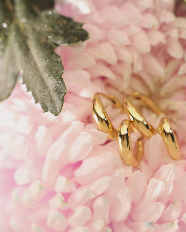 Video featuring ENVYONE 18K Gold Plated sculptural hoop earrings styled among soft pink flower petals.
