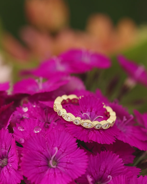 Closeup video of an ENVYONE 18K Gold Plated ring with brilliant white zircon stones displayed on vivid pink flowers.