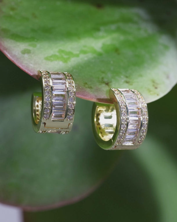 Video featuring ENVYONE 18K Gold Plated huggie hoop earrings with premium-quality baguette-cut and round zircon stones, styled on lush green foliage.