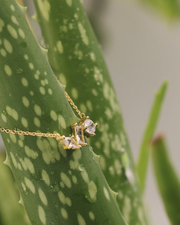 Closeup ENVYONE 18K Gold Plated 925 Sterling Silver necklace with brilliant white zircon stones styled on a lush green leaf.