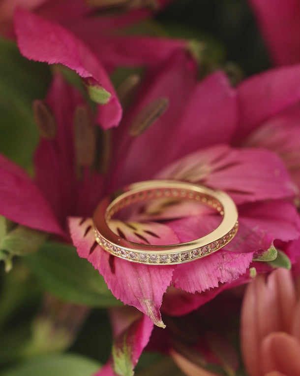 Closeup video of an ENVYONE 18K Gold Plated eternity ring with brilliant white zircon stones displayed on vibrant pink flowers.